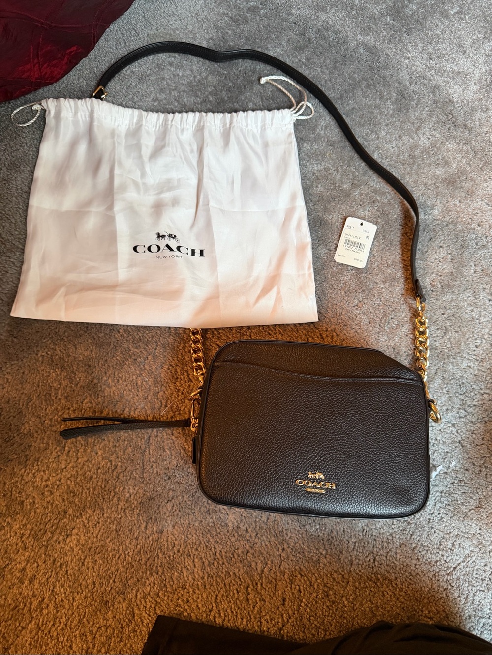 NWT Coach Camera Bag Black Pebbled Leather Crossbody with Gold Chain